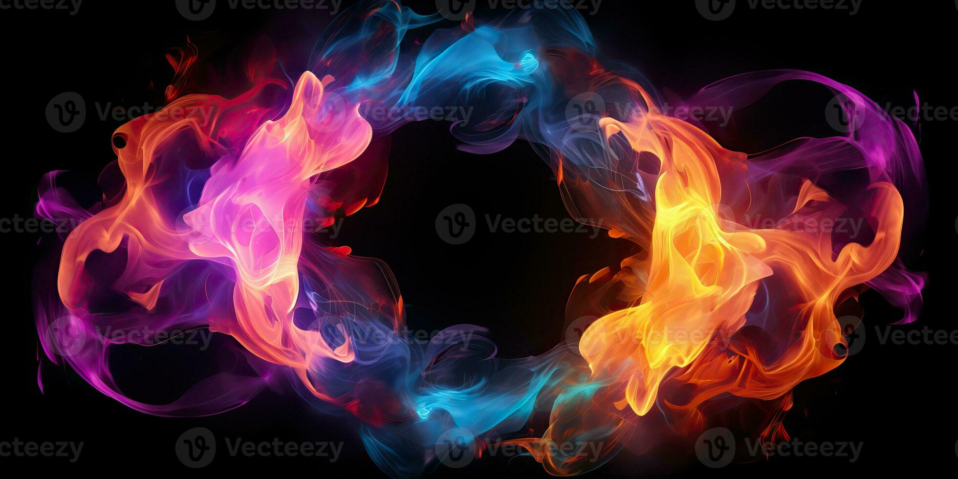 AI Generated. AI Generative. Round circle neon glowing color smoke mystic element. Graphic Art photo