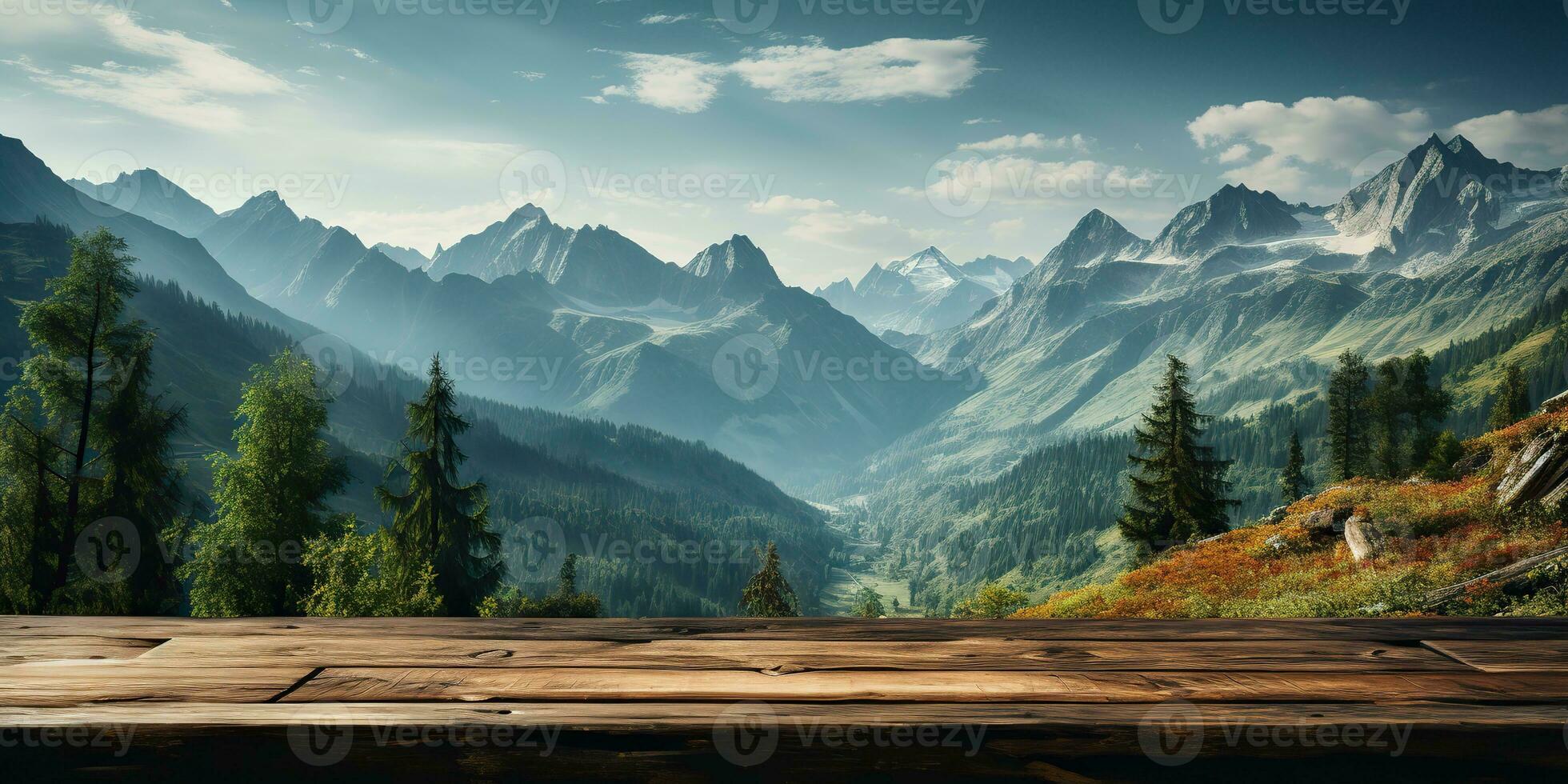 AI Generated. AI Generative. Wooden table nature outdoor forest mountain nature landscape background. Graphic Art photo