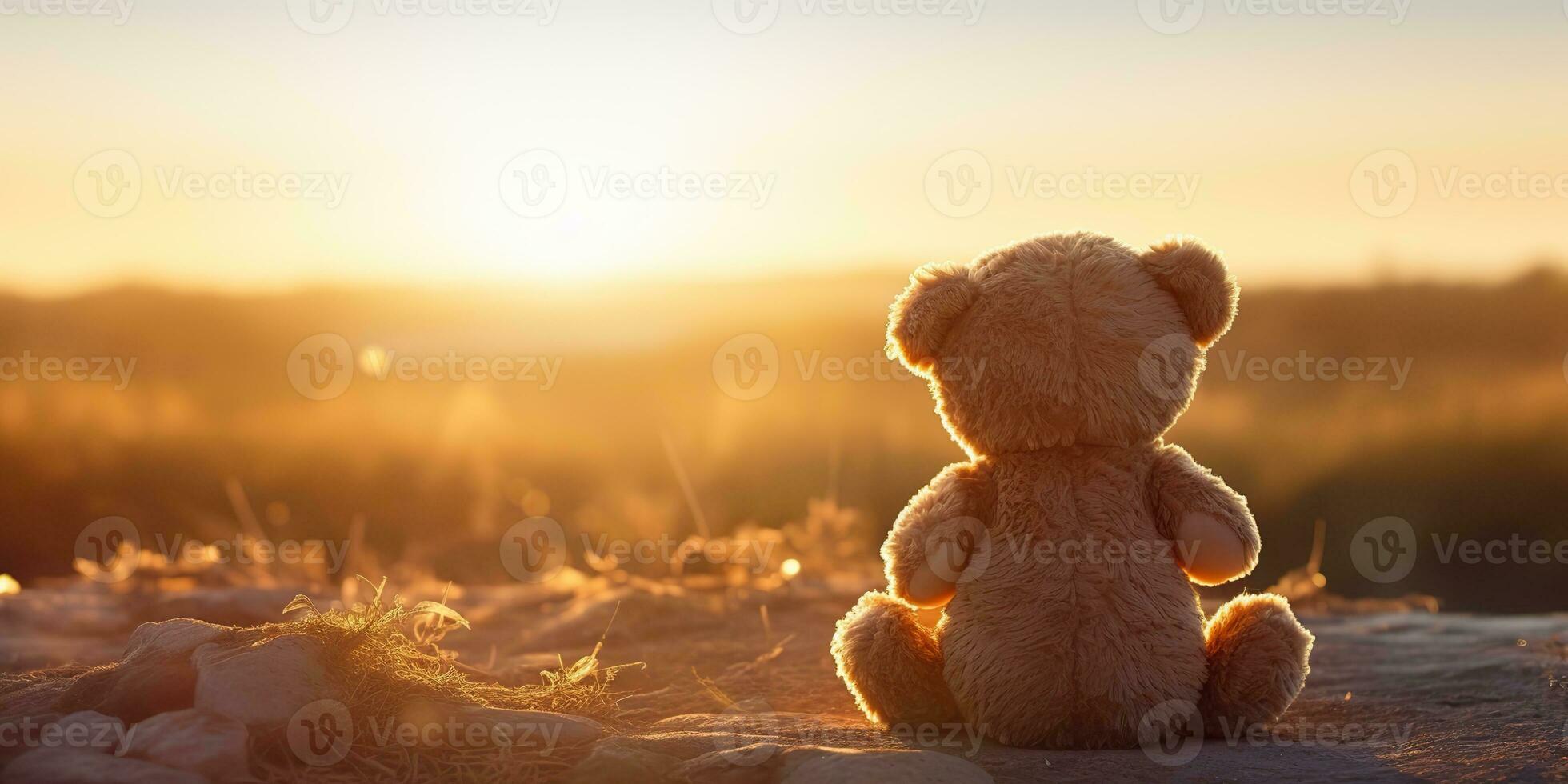 AI Generated. AI Generative. Alone missing one toy doll little bear sitting looking on sunset background landscape outdoor. Graphic Art photo