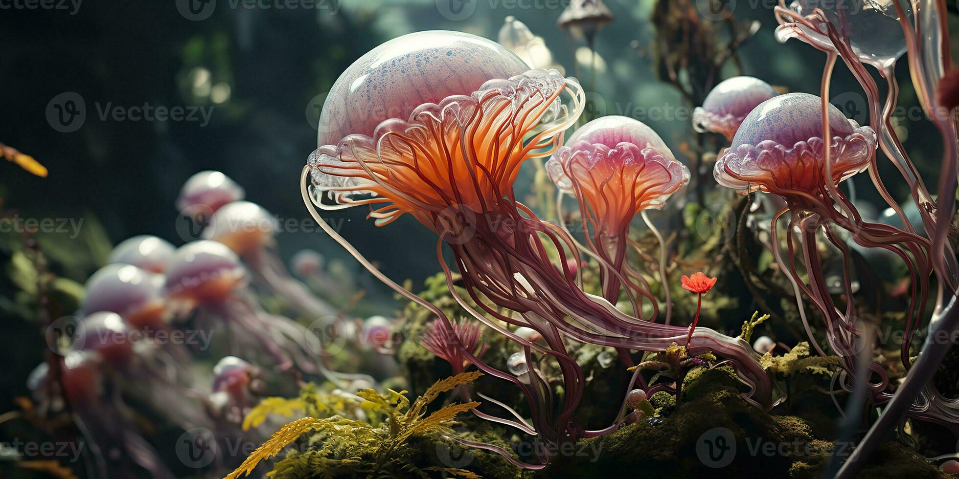 AI Generated. AI Generative. Glowing light mushrooms psychedelic mystic neon nature outdoor forest plant landscape.  Graphic Art photo