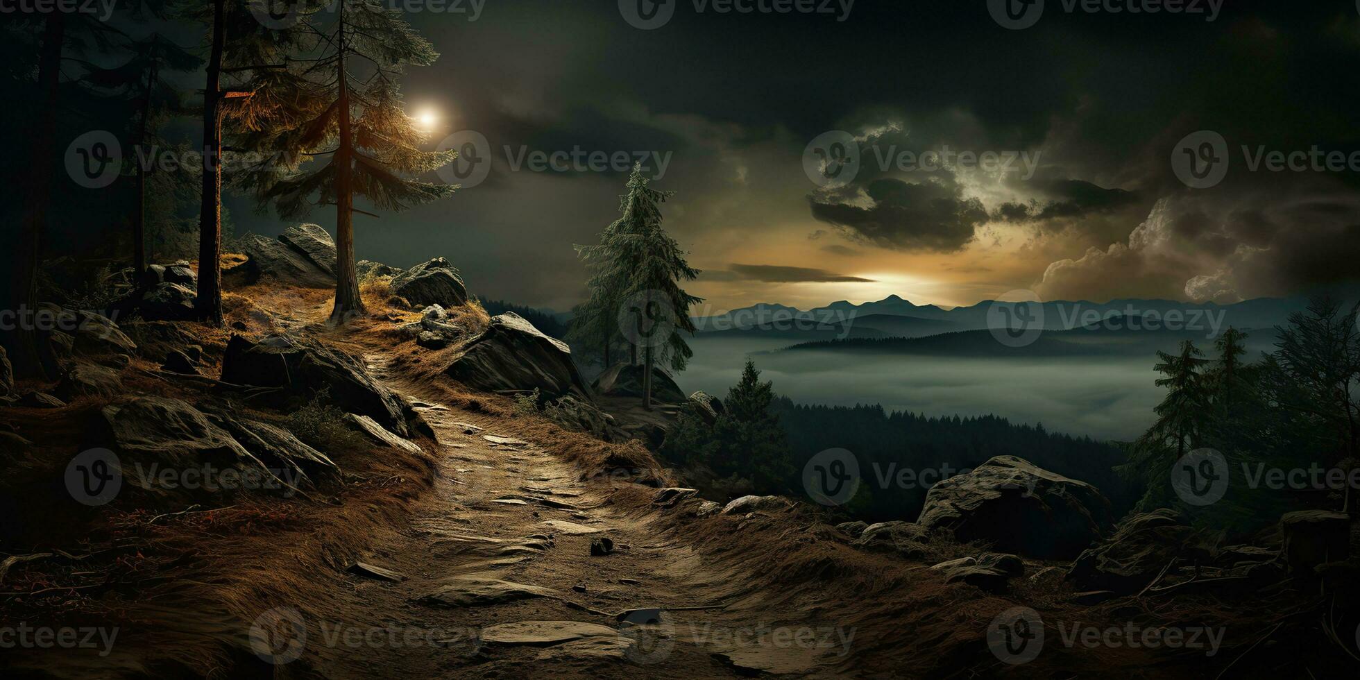 AI Generated. AI Generative. Outdoor nature mountain rock hill path way through forest at sunset. Adventure trip explore travel hiking, Graphic Art photo