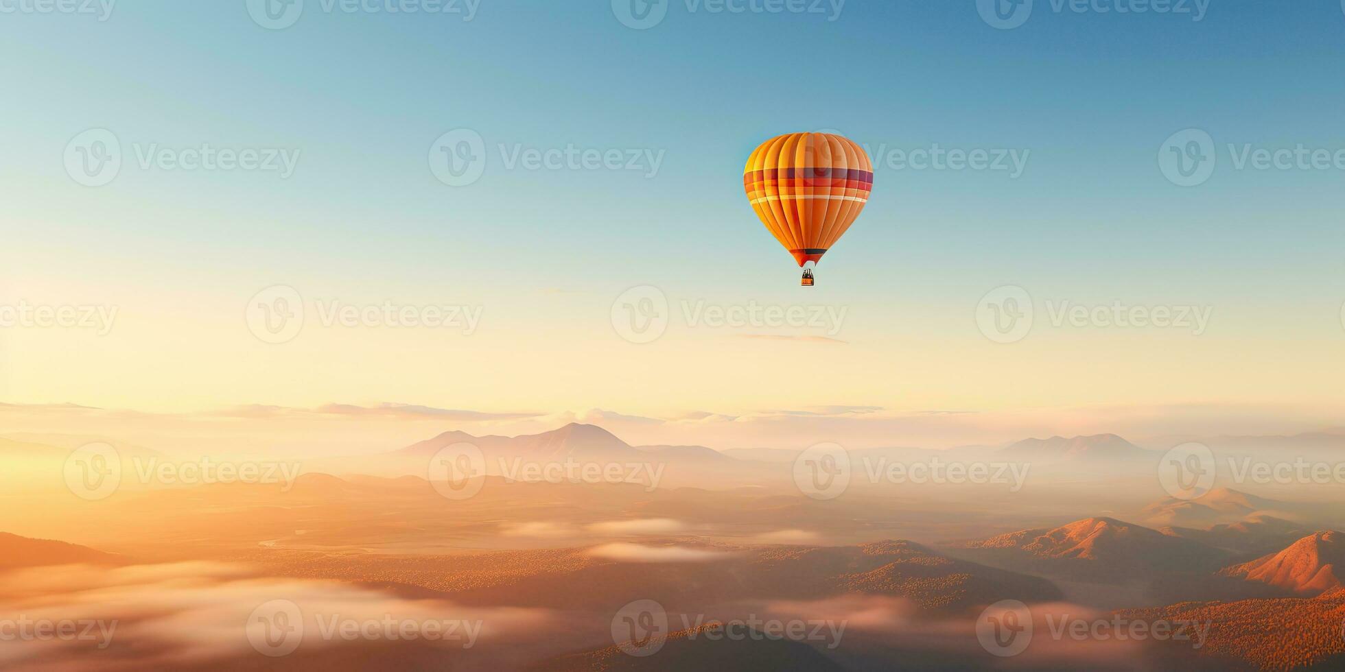 AI Generated. AI Generative. Hot air balloon scenic view at nature outdoor beautiful sand mountain river landscape. Graphic Art photo