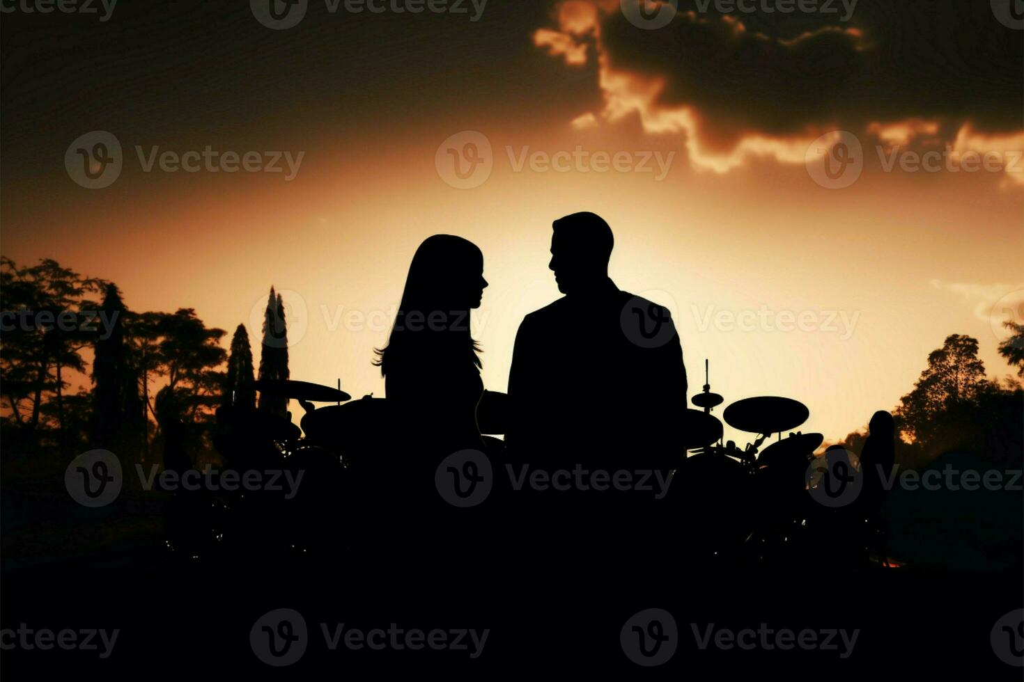 Silhouetted drummers illustration pulsates against a stark, black background AI Generated photo