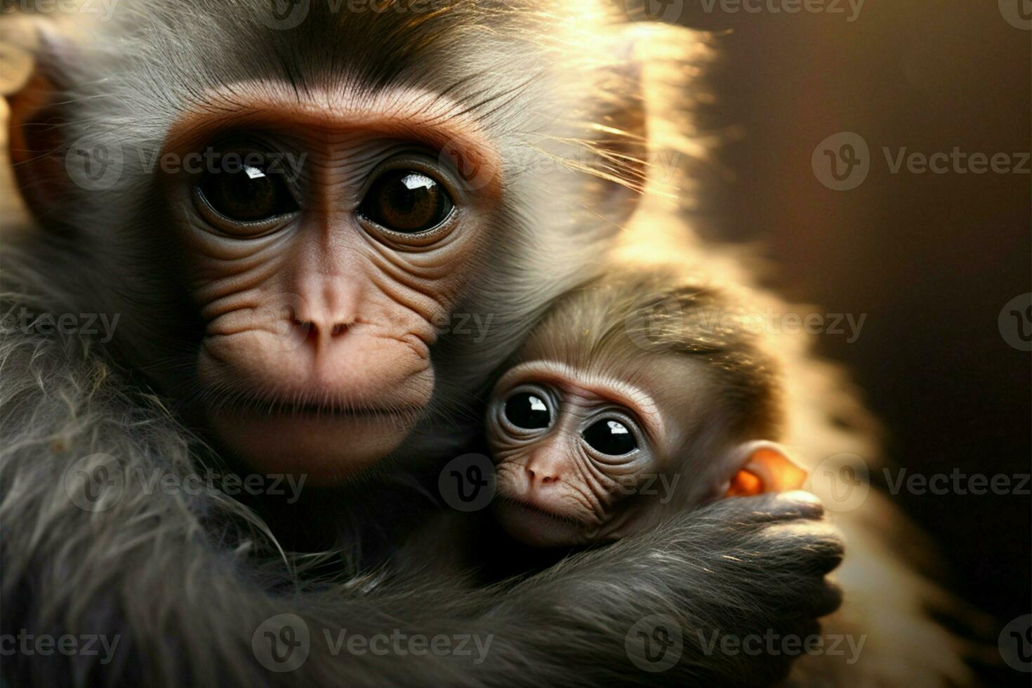 Loving monkey mother holds child, a representation of family unity AI Generated photo