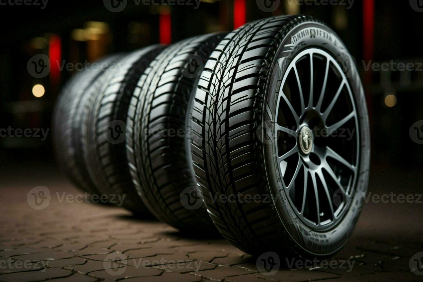 High efficiency summer tire set showcased in studio, dramatic lighting, shallow focus AI Generated photo