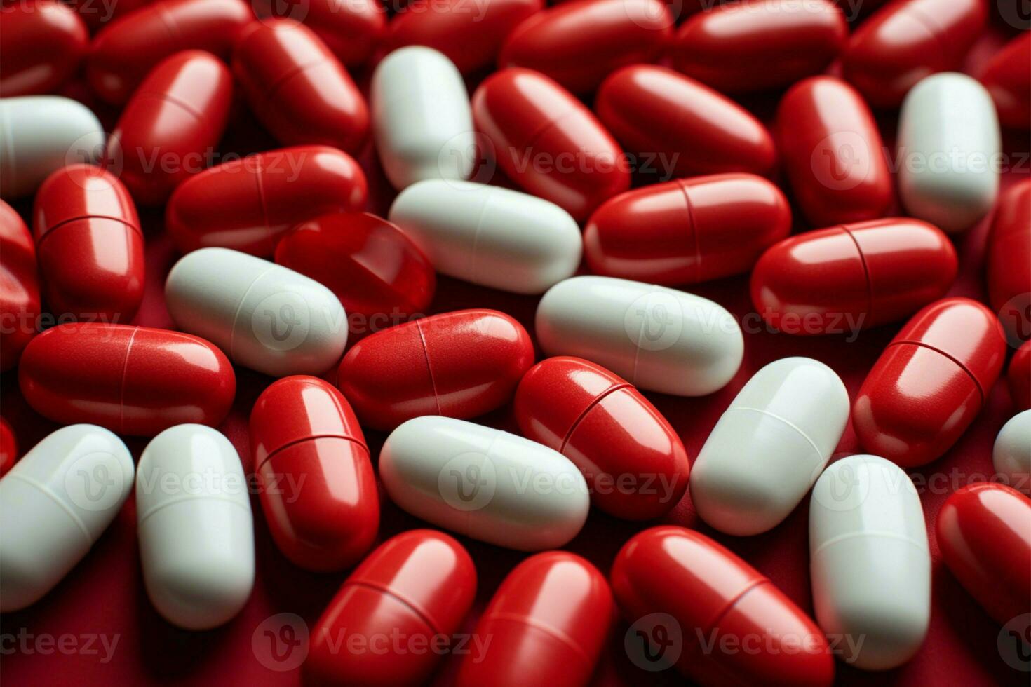 Vivid pills on red canvas, room for text Intriguing pattern, pill recognition emphasized AI Generated photo