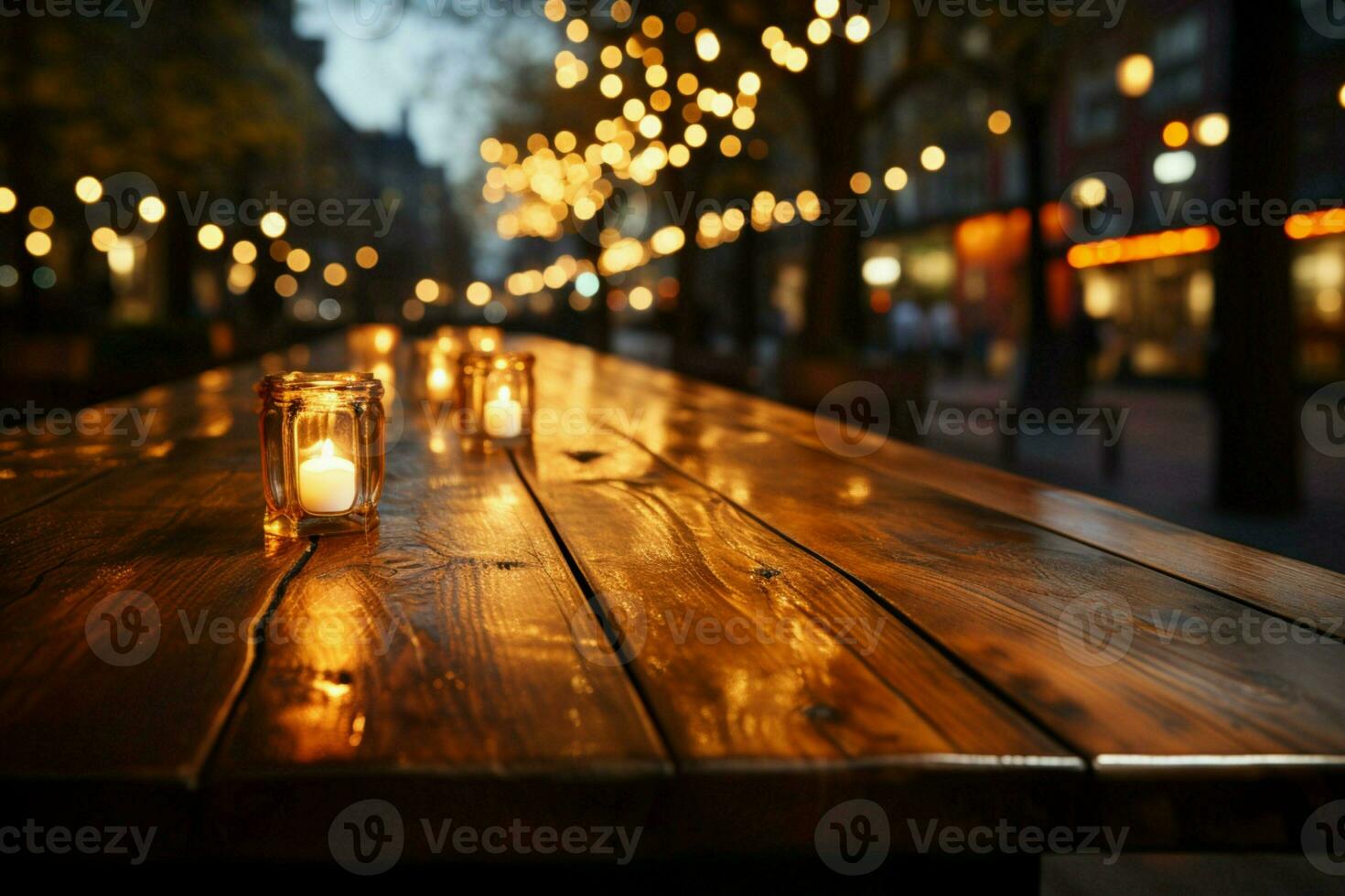 Outdoor cafes bokeh glow adorns vacant wooden table, ambiance in stillness AI Generated photo