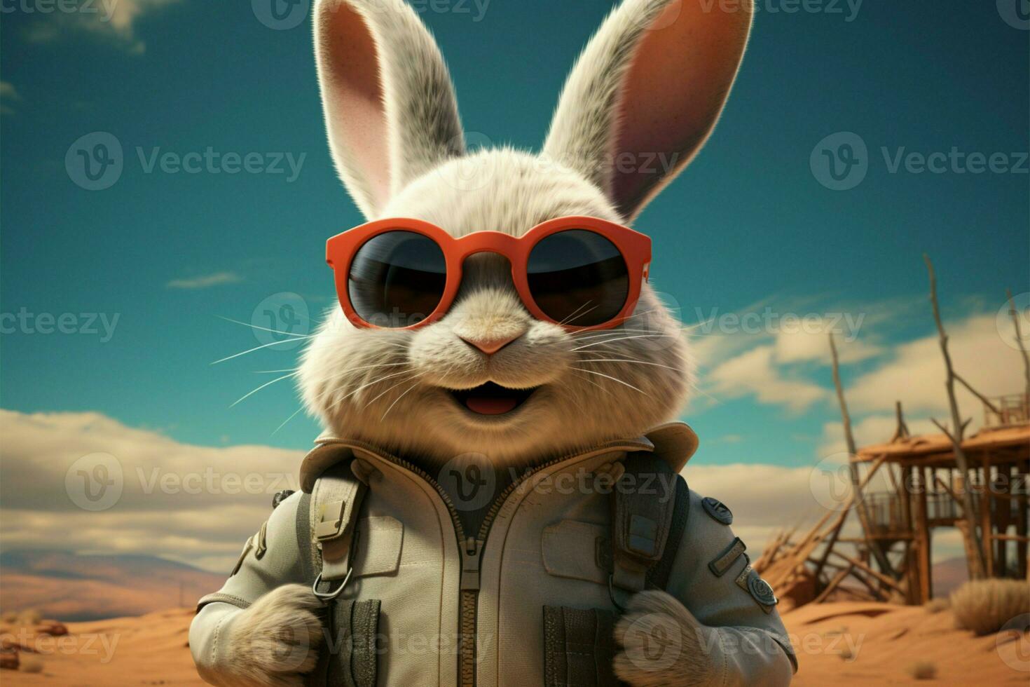 Shaded cartoon bunny explores the desert in whimsical escapades AI Generated photo