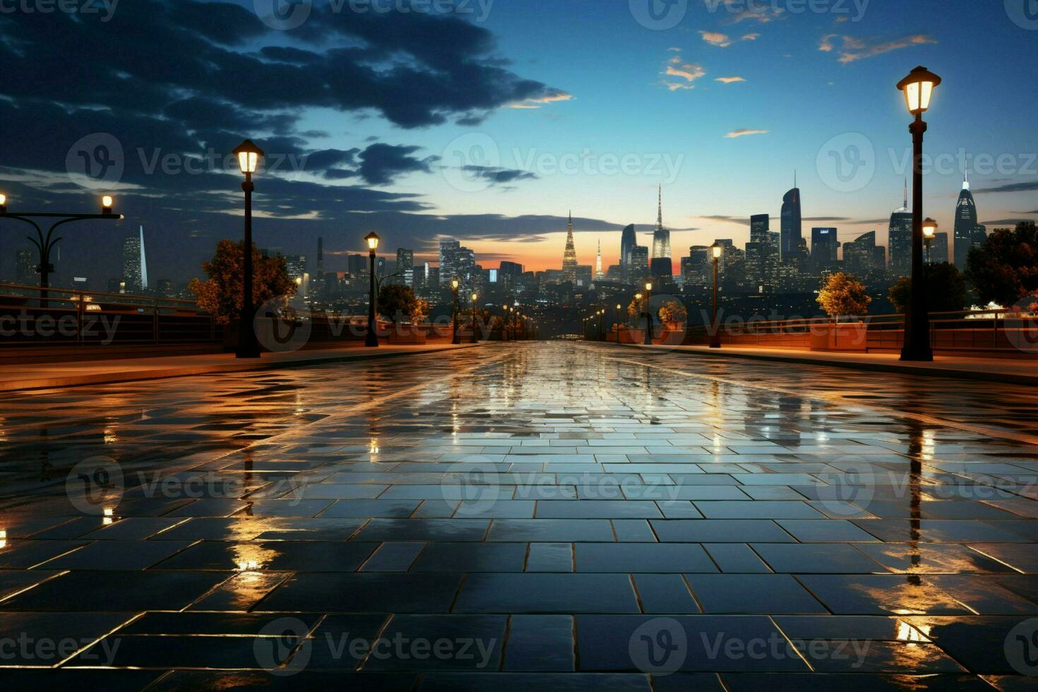 Urban serenity, Night unveils empty brick floor, modern building in tranquil backdrop AI Generated photo