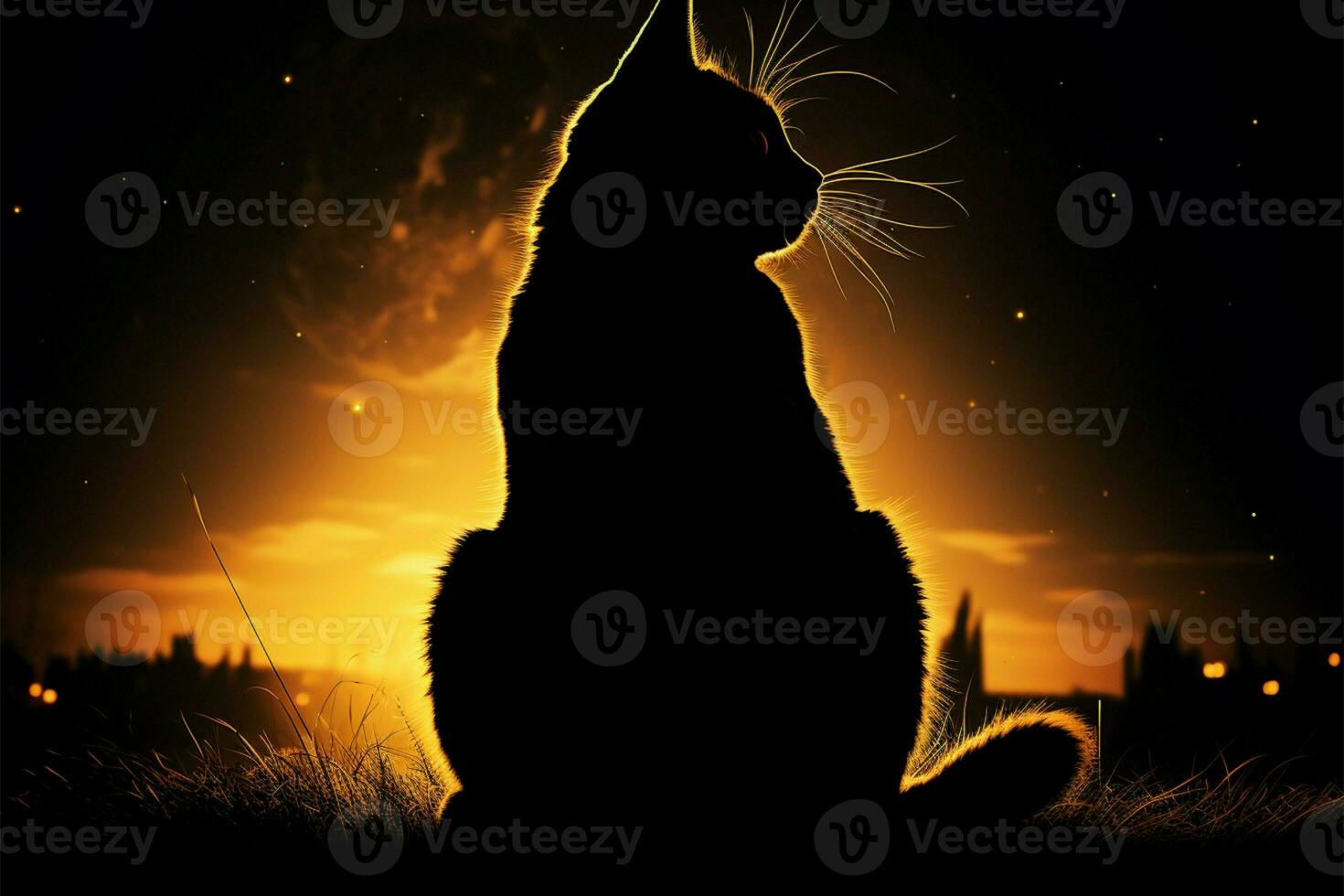 Beautiful darkness hosts striking black cats captivating silhouette, arresting contrast AI Generated photo