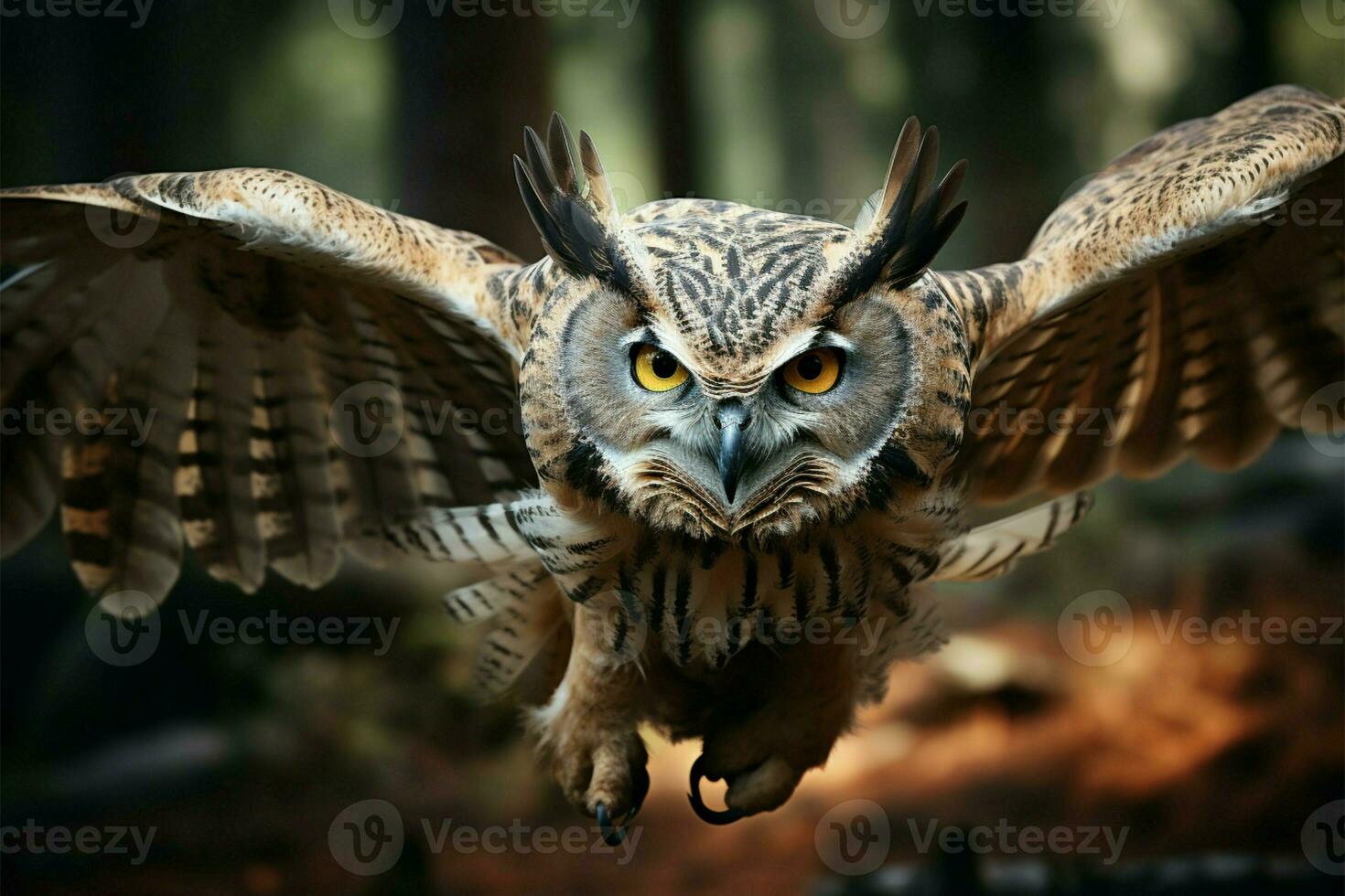 Grand owls majestic flight, wings outspread, a spellbinding, up close view AI Generated photo