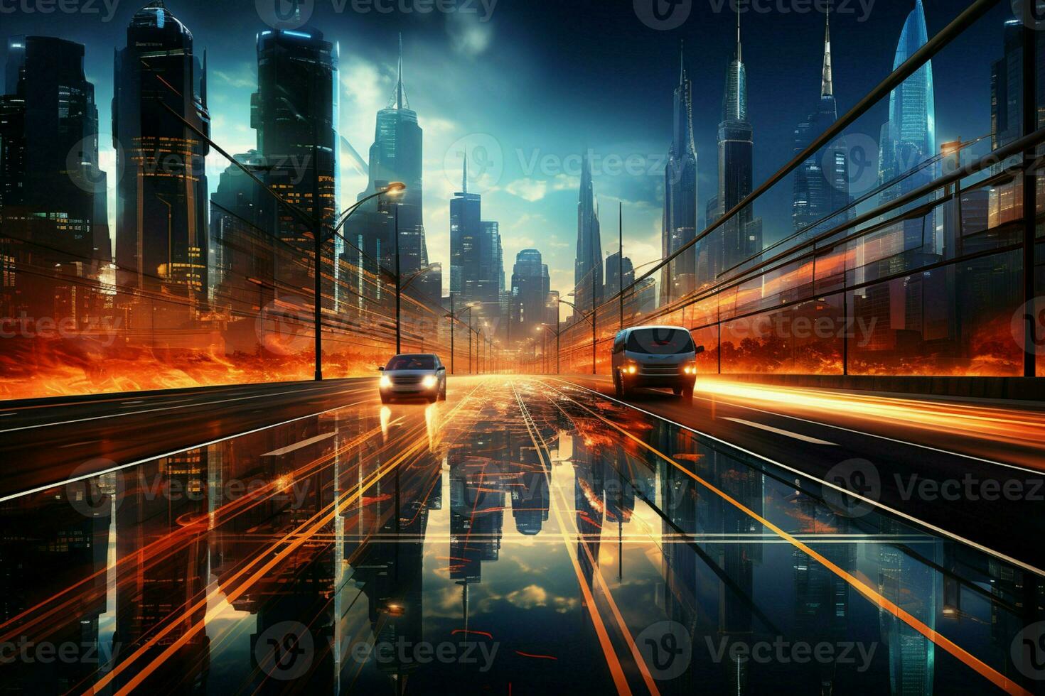 Dynamic cityscape, Light trails trace modern building, creating a mesmerizing urban background AI Generated photo