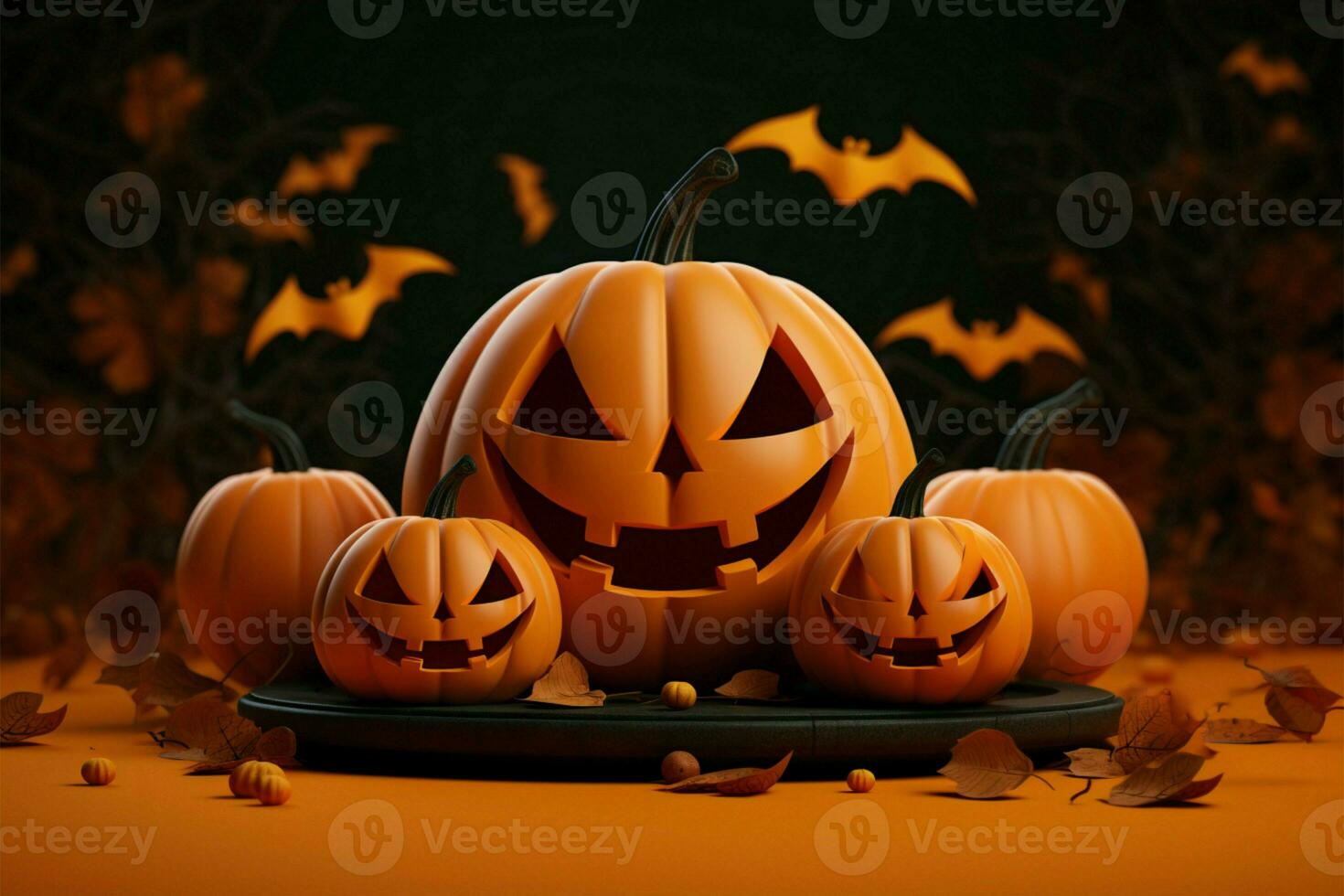 Dynamic 3D rendered jack o lantern pumpkins, bats, and an orange Happy Halloween backdrop AI Generated photo