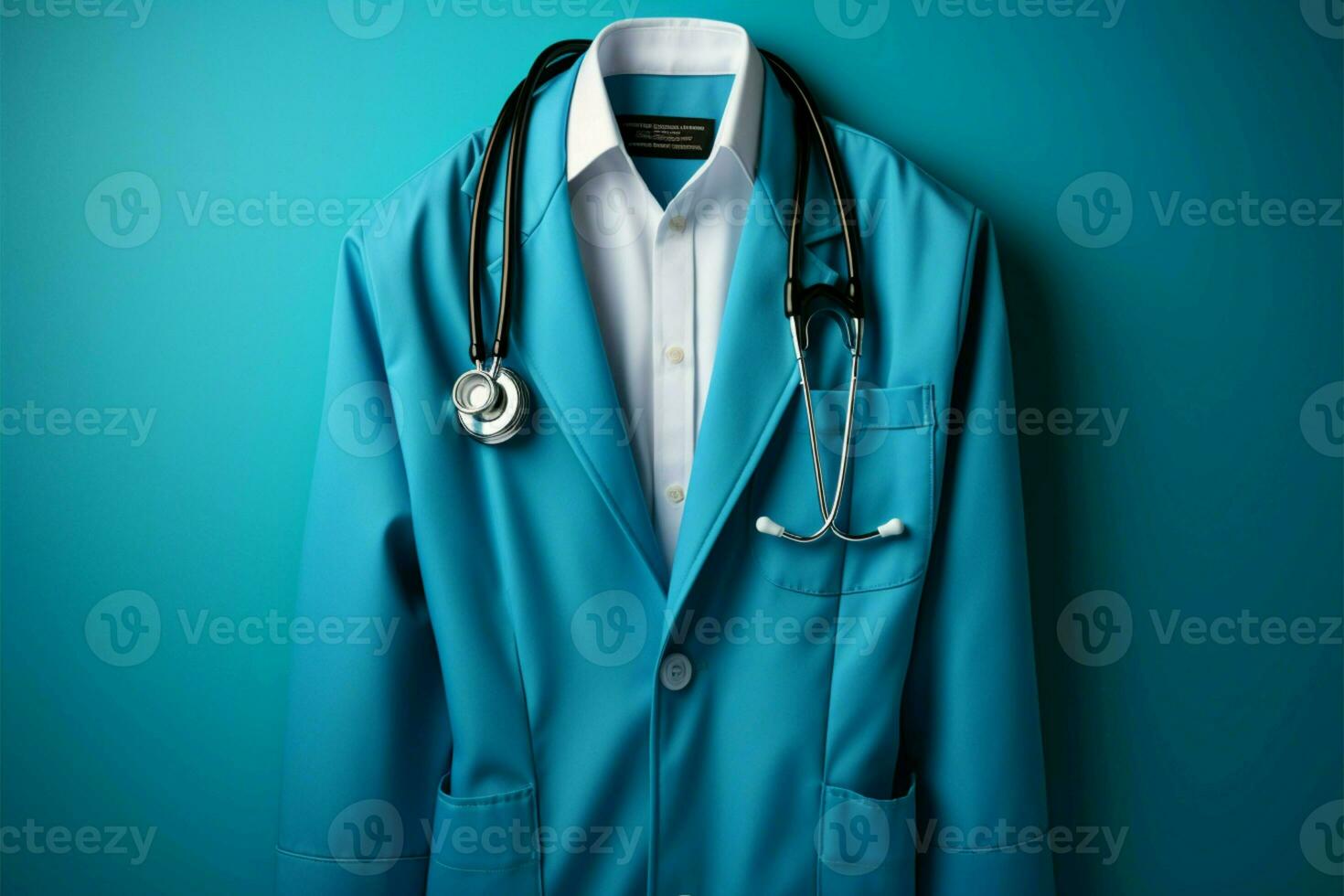 estetoscopio adornado doctores traje colgado esmeradamente azul fondo, Perfecto médico modelo con copyspace ai generado foto