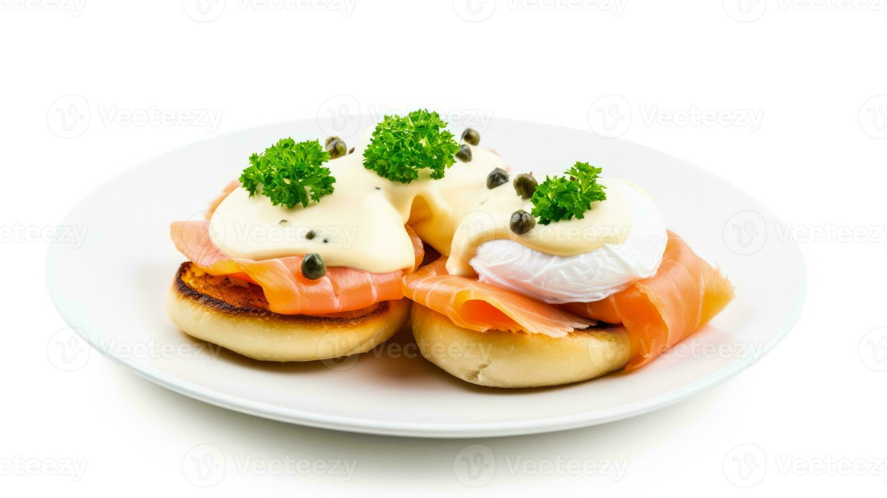 Gourmet eggs benedict with smoked salmon and capers isolated on a white