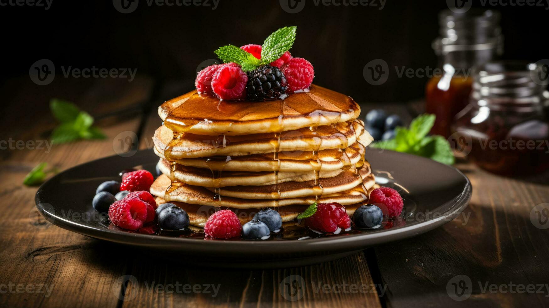 Inviting stack of pancakes adorned with syrup and berries on rustic table photo