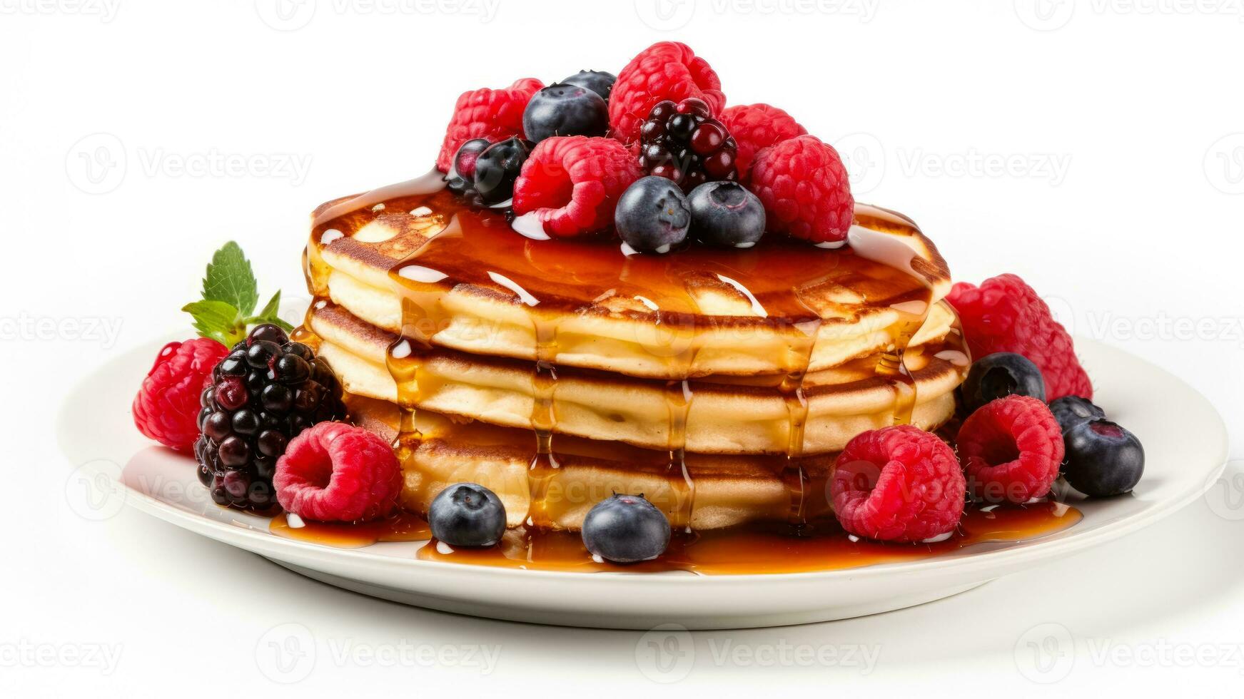 Pancakes stacked with berries syrup isolated on a white background photo