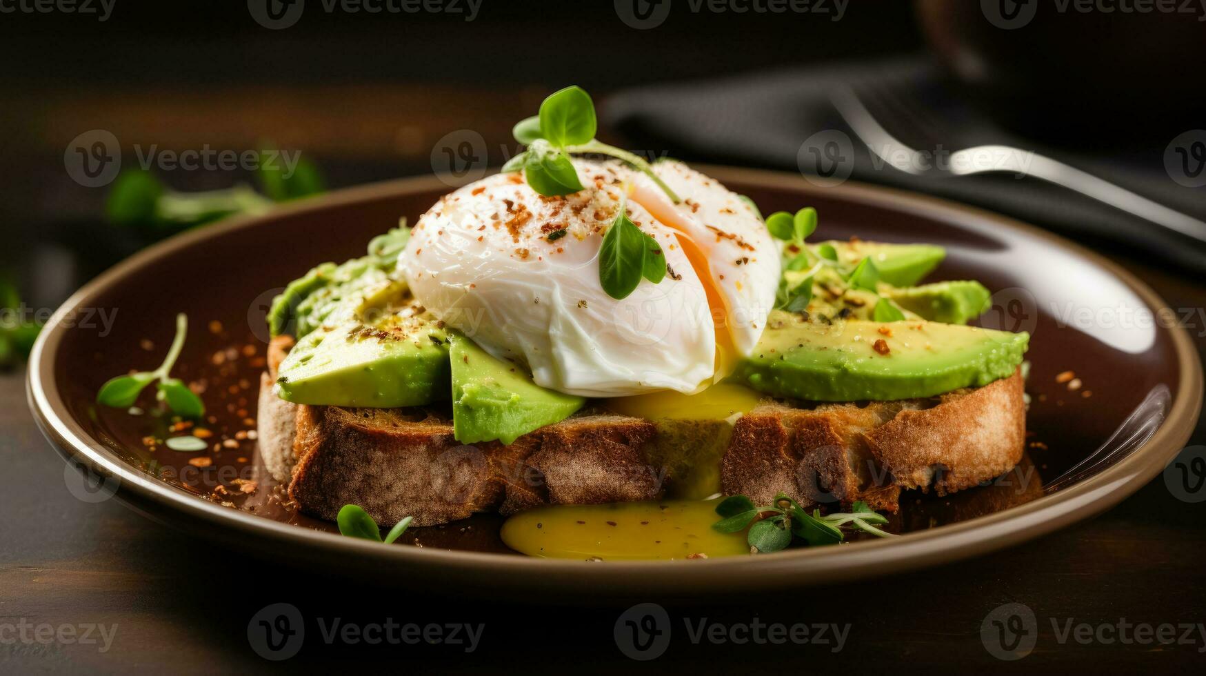 Avocado toast with poached eggs close up background with empty space for text photo