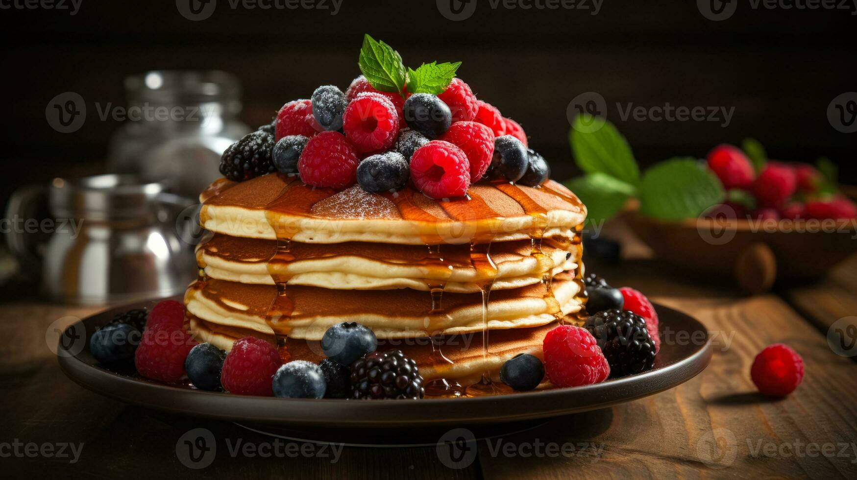 Inviting stack of pancakes adorned with syrup and berries on rustic table photo