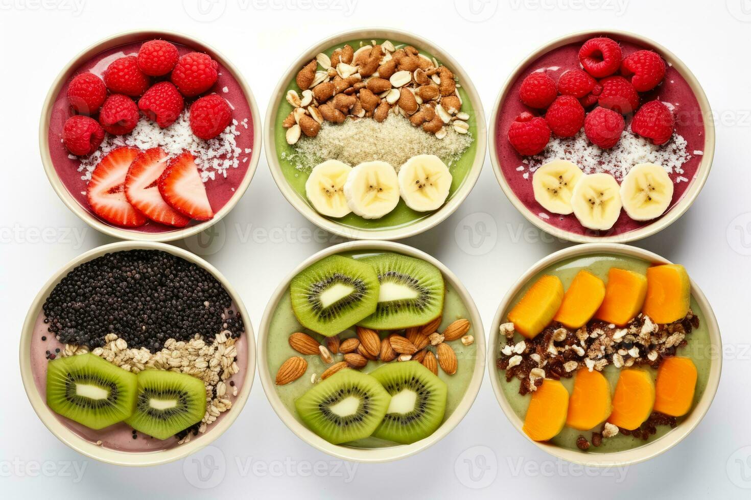 Nutritious smoothie bowls with vibrant fruits seeds and nuts isolated on a white background photo