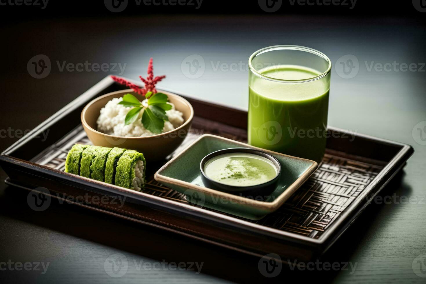 Matcha latte and traditional Japanese bento breakfast on a lacquered tray photo