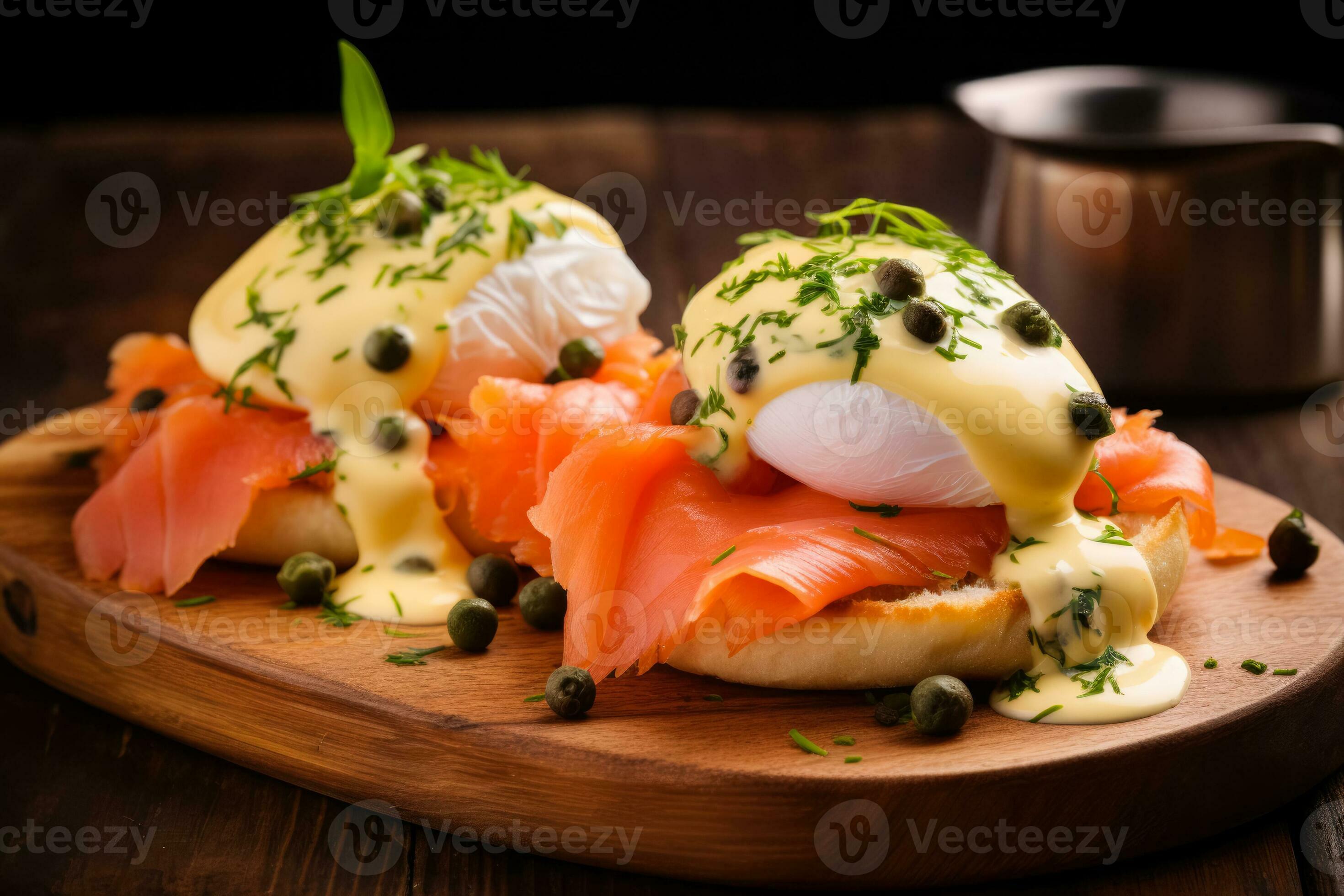 Luxurious eggs benedict with smoked salmon and tangy capers on rustic