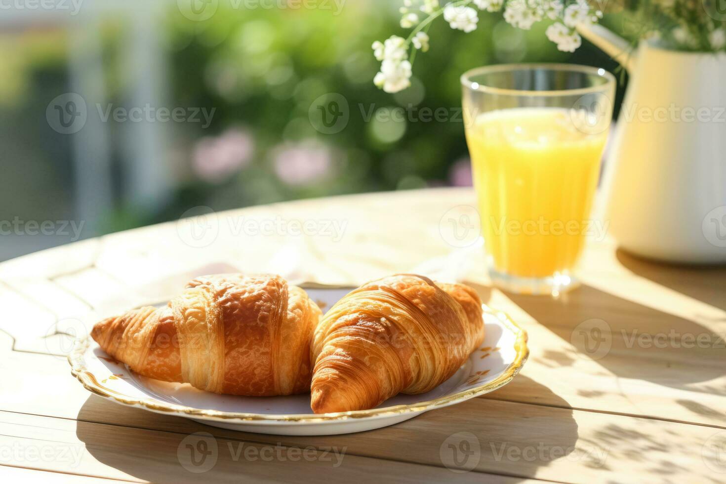 Golden croissants coffee and citrus juice sparkle in morning sunshine photo