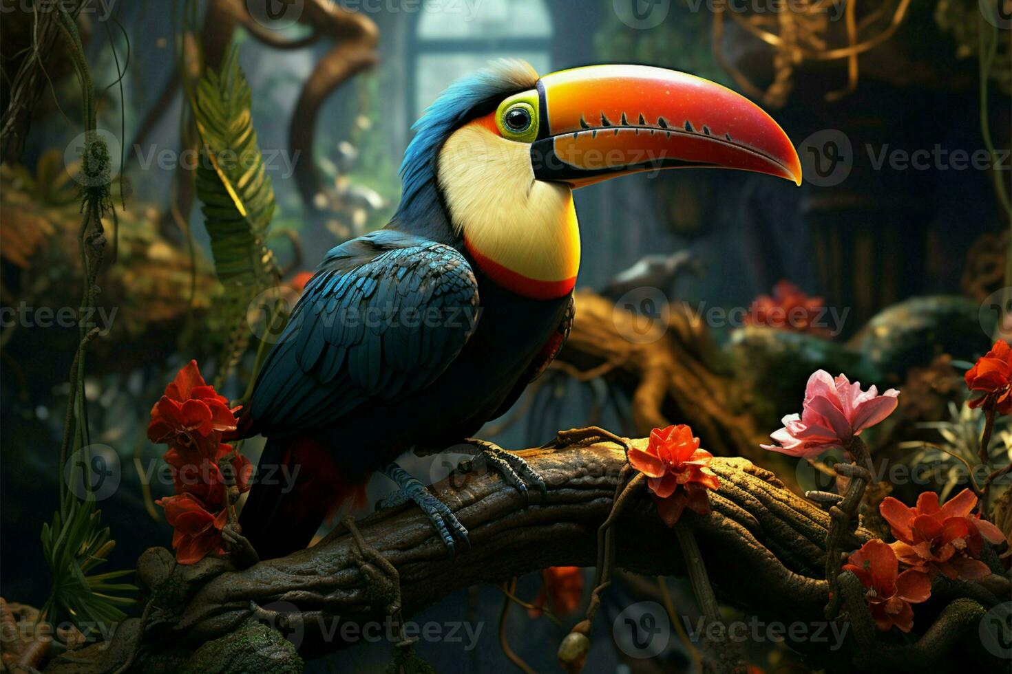 Vibrant toucan finds serenity on a branch amid lush forest AI Generated photo