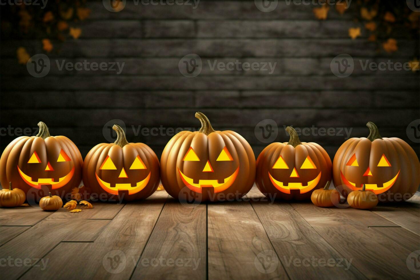 Spooky jack o lantern pumpkins in 3D, set against a wooden background AI Generated photo