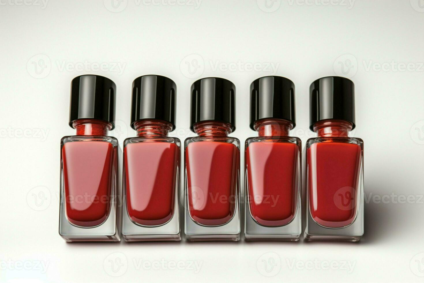 Scarlet nail enamel bottle set against pure, minimalist white surface AI Generated photo