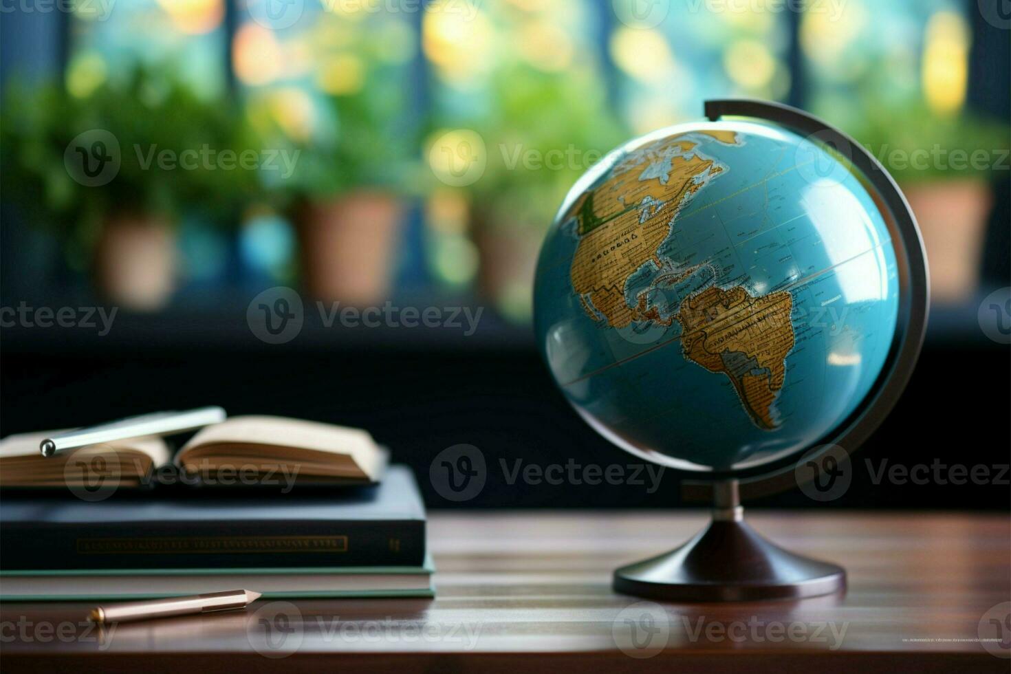 Blue globe and pen on a tidy desk, minimalistic setting AI Generated photo