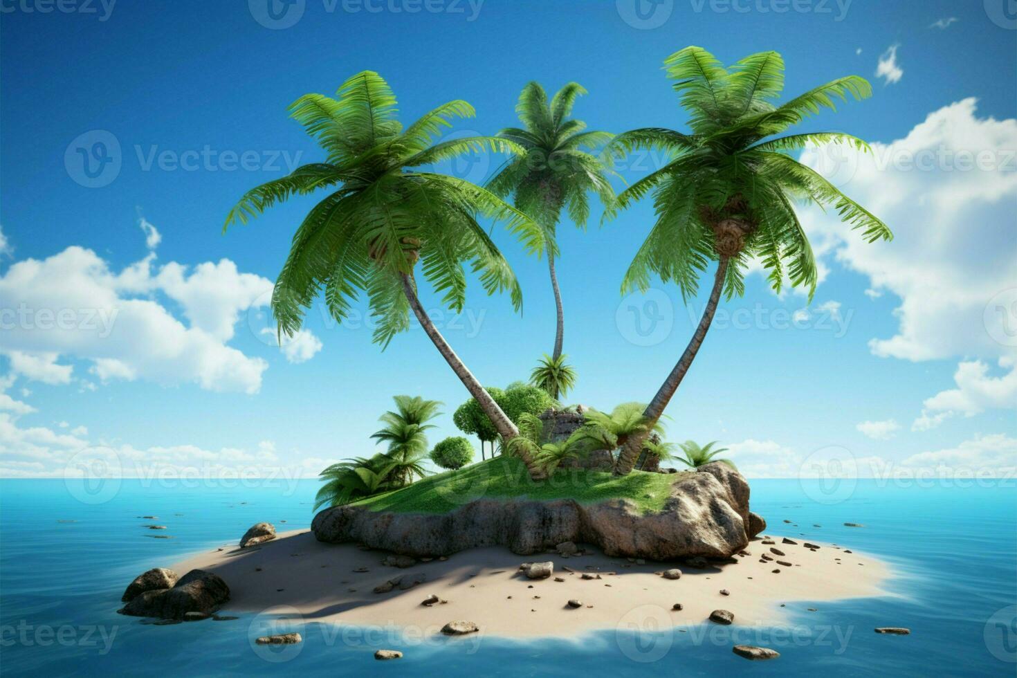 Two palm trees stand proudly on a serene, diminutive island AI Generated photo