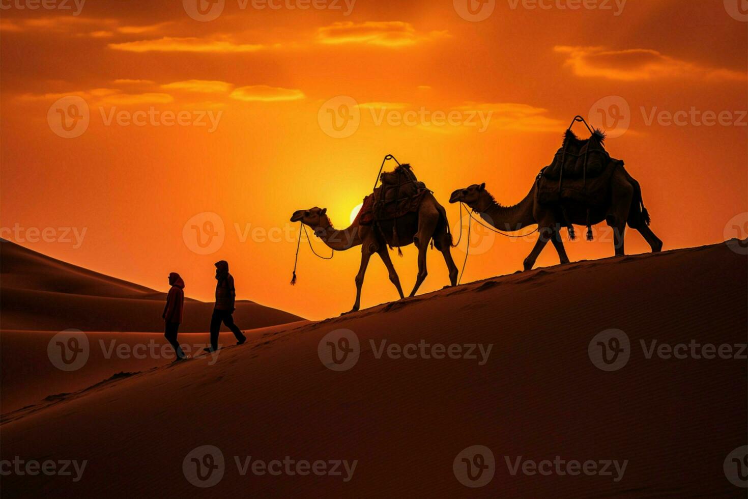 Cameleers guide camels through Thar Desert at picturesque sunset AI Generated photo