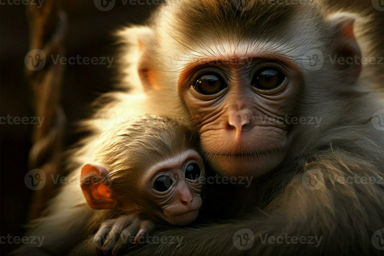 A mother monkey lovingly cradles her precious child in her arms AI Generated photo