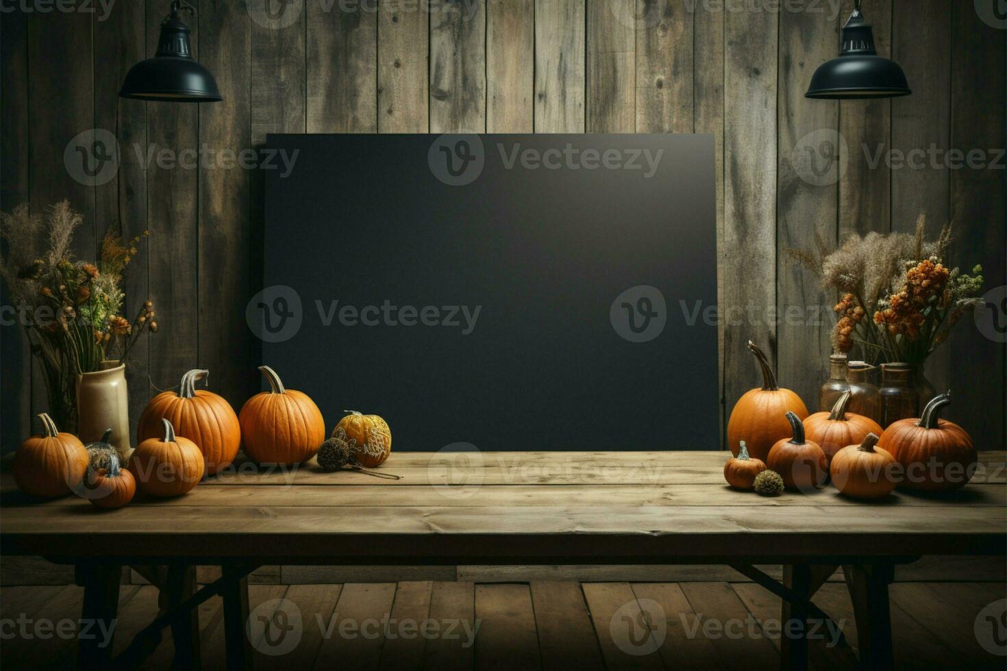 Evoke Halloween with pumpkin themed tabletop decor and mock up frame AI Generated photo