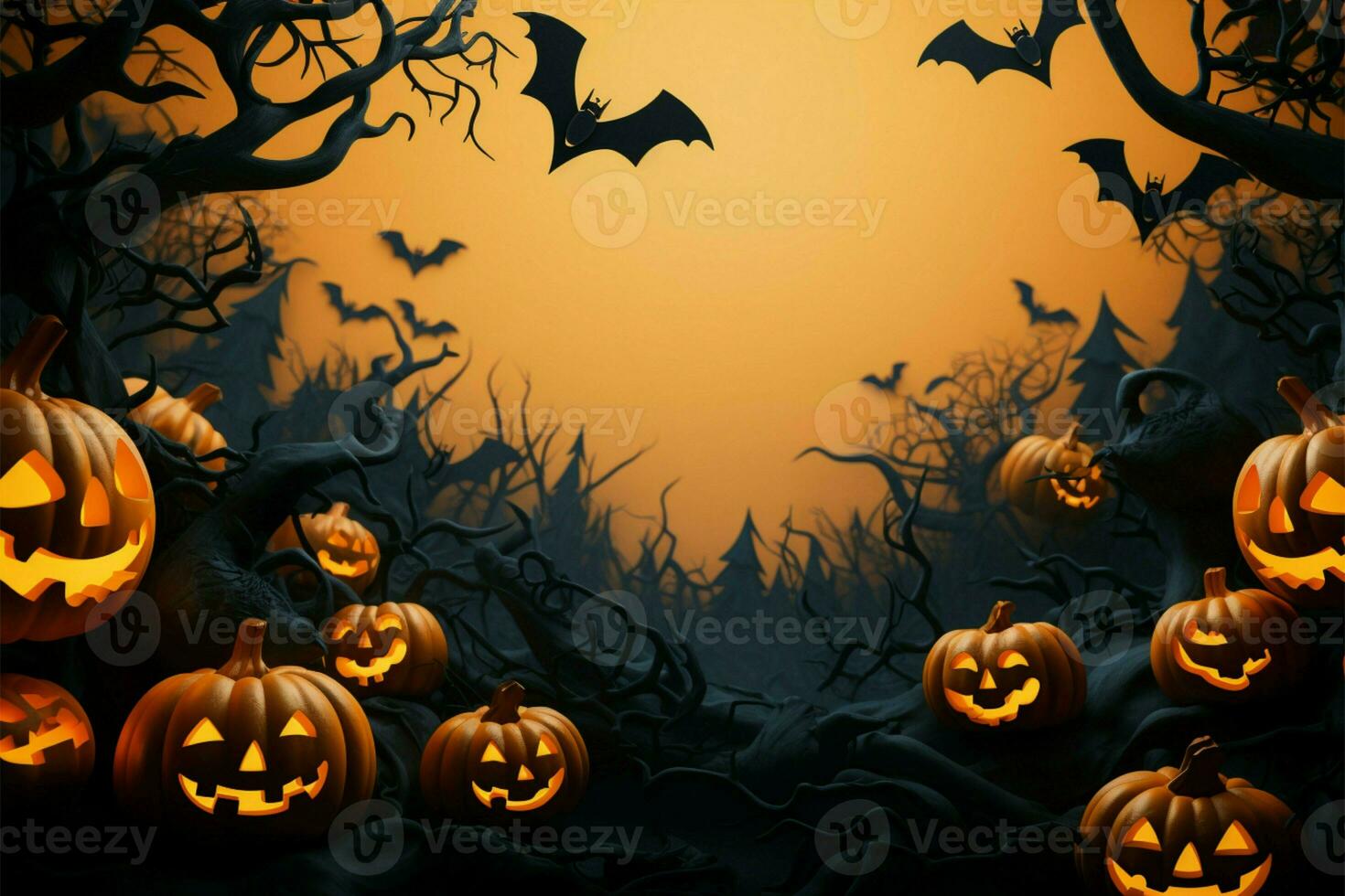 Frightening Halloween night frame, featuring bats and menacing jack o lanterns AI Generated photo