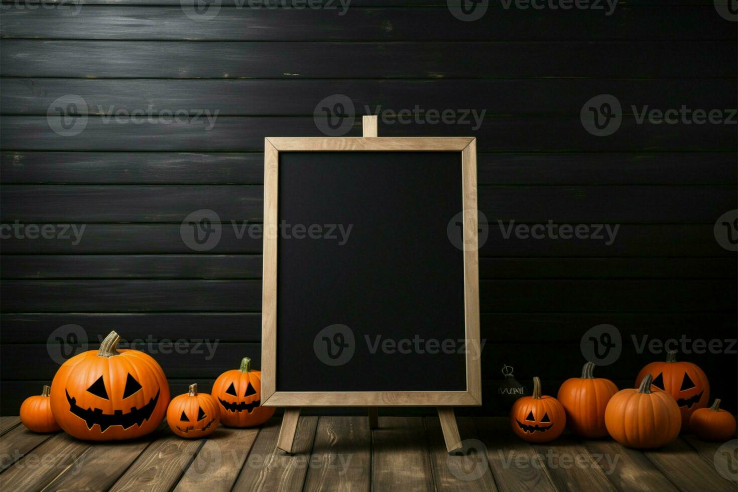 Wooden floor and black background showcase chalkboard stand with pumpkins AI Generated photo