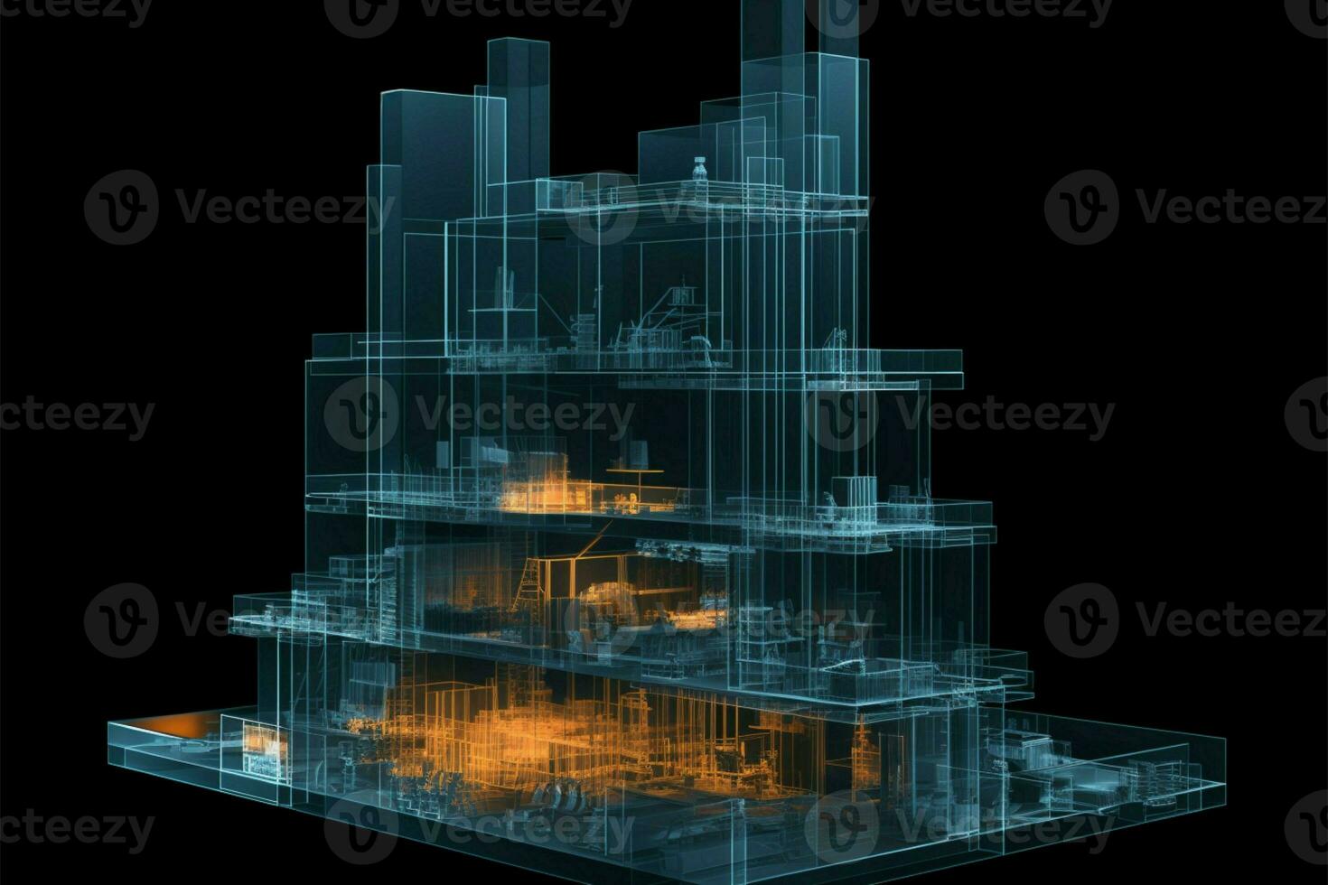 intrincado 3d representación. aislado negro X rayo edificio en meticuloso detalle ai generado foto