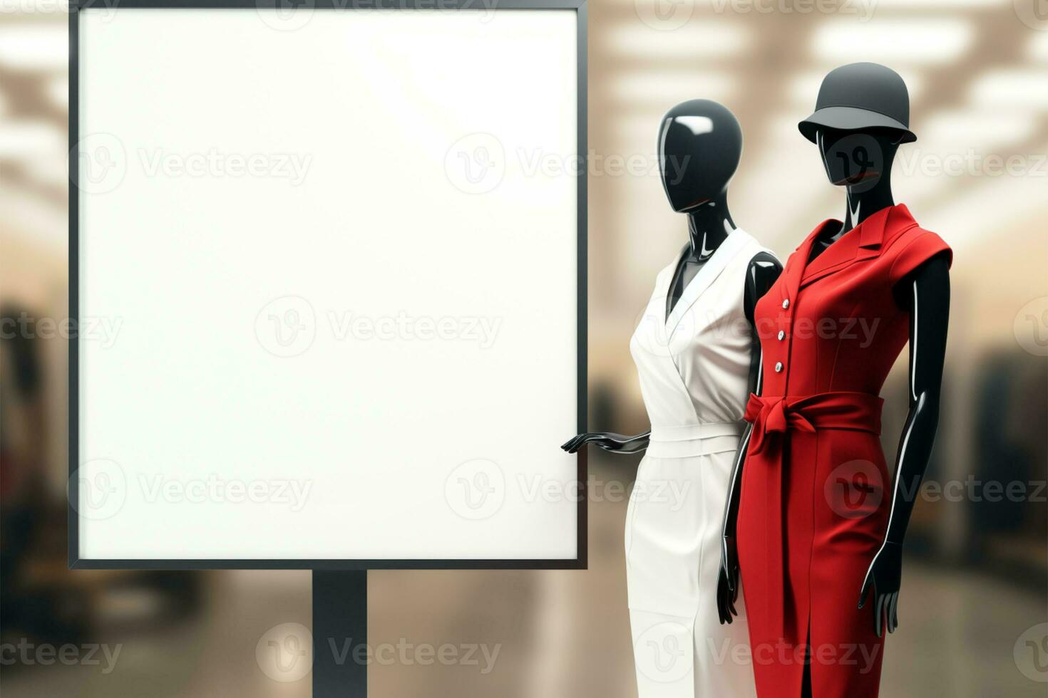 Two mannequins pose beside a white board mockup, fashion display AI Generated photo