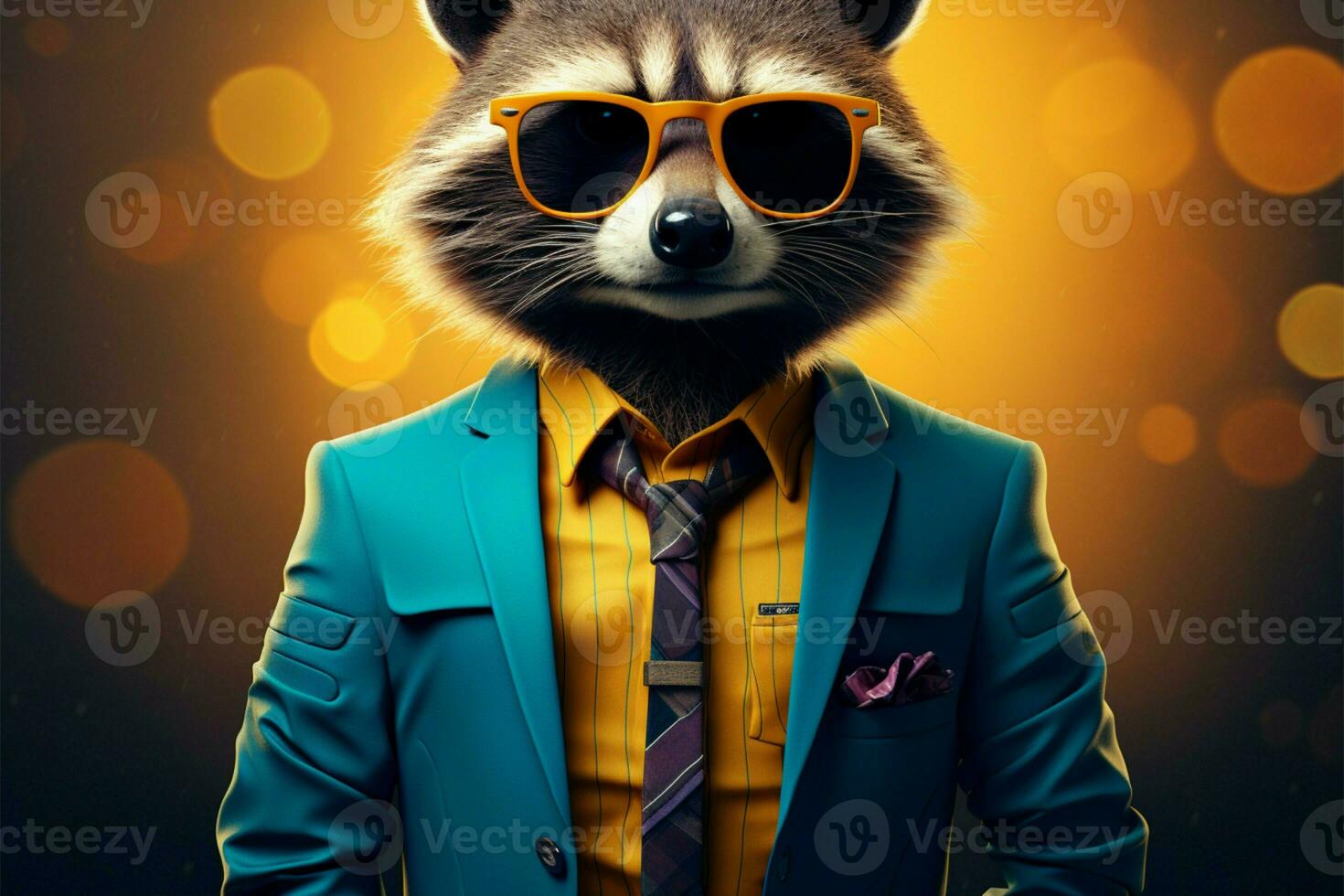 Vintage raccoon cartoon, stylish in blue suit, big glasses attire AI Generated photo