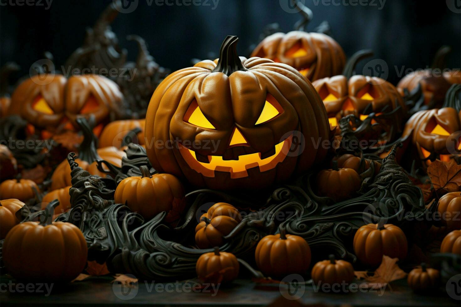 Dynamic 3D jack o lanterns, bats, and orange backdrop Happy Halloweens essence AI Generated photo