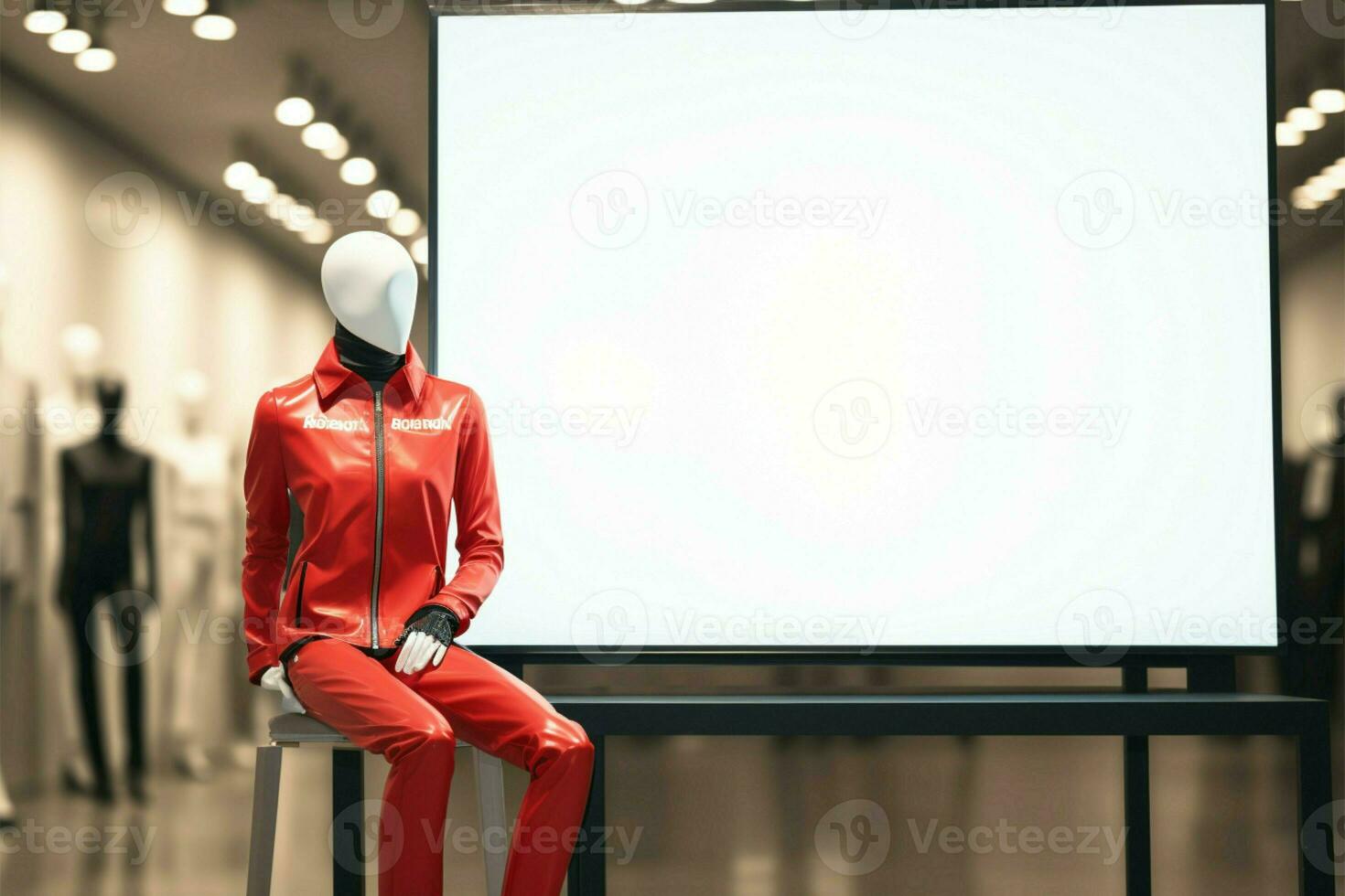 A pair of mannequins positioned by a white board mockup backdrop AI Generated photo