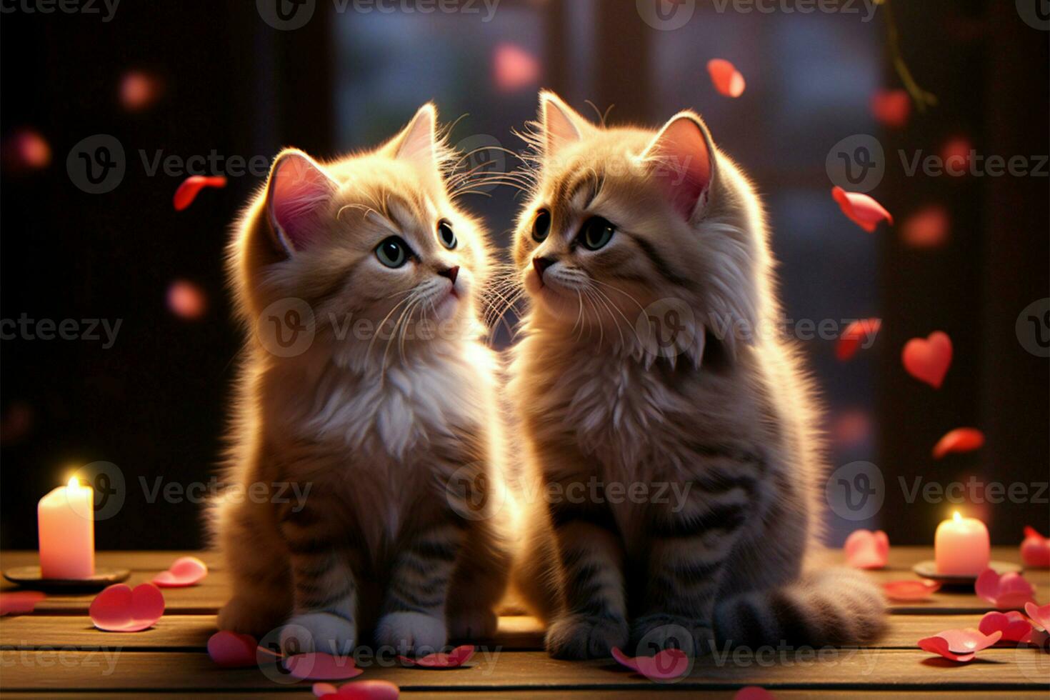 Kittens celebrate love on Valentines Day in a romantic portrayal AI Generated photo