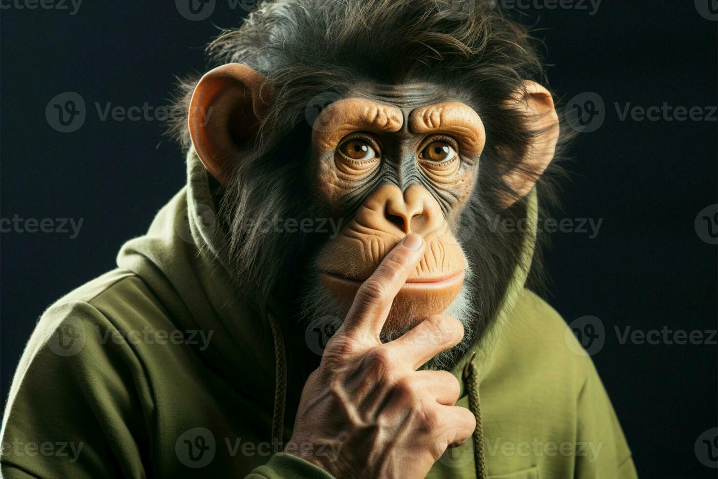 Monkey gesturing for silence, a humorous expression of quietude AI Generated photo