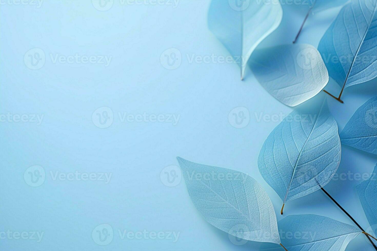 Pale blue accents, skeletal leaves create an artistic, ethereal blue backdrop AI Generated photo