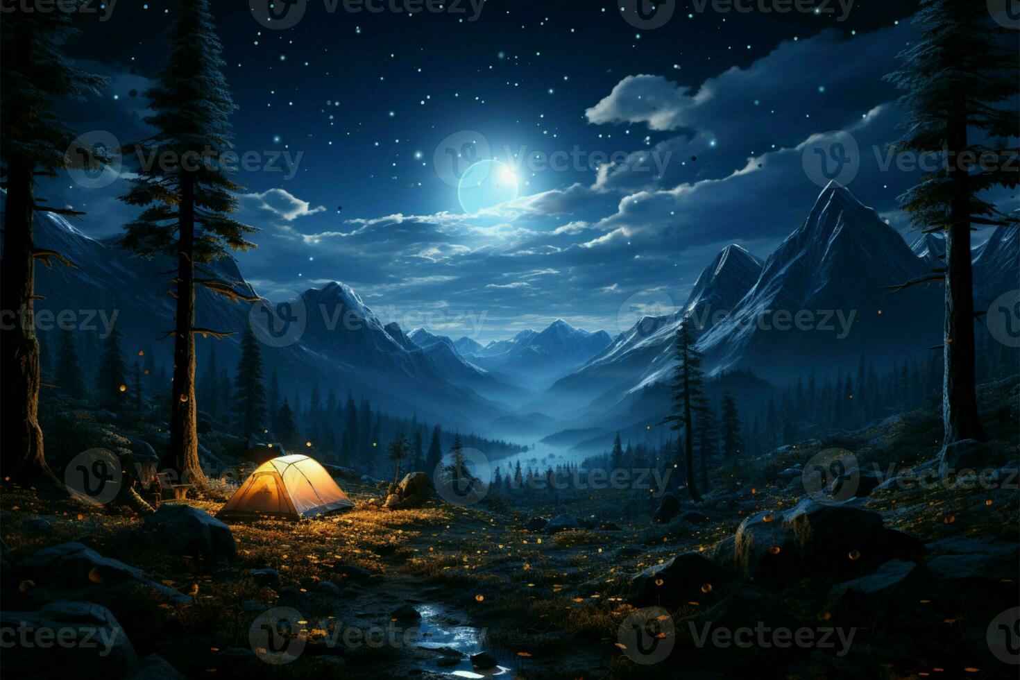 Evening serenity a blue tent glows beneath a starry forest sky AI Generated photo
