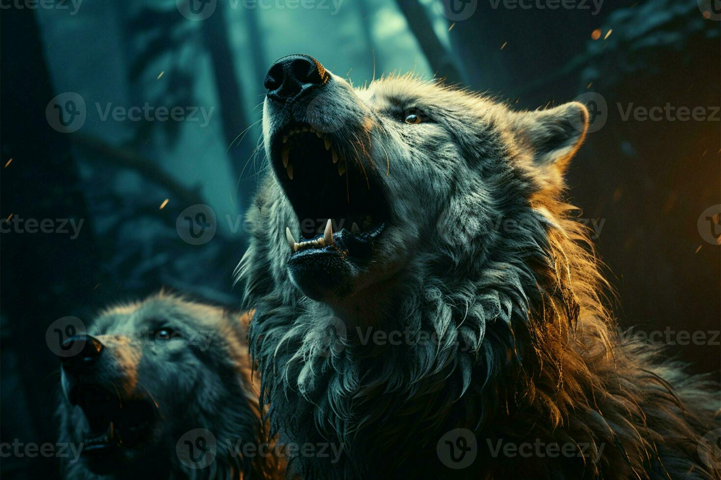 Stock image portrays wolfs haunting howl beneath the full moons luminance AI Generated photo