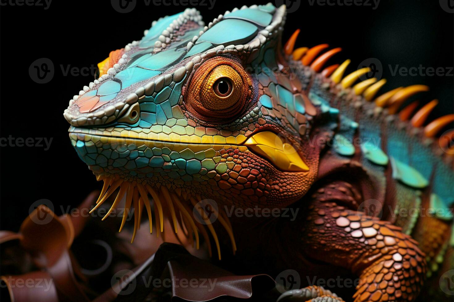 Digital chameleon in shades on single tone backdrop, with abstract, faceted aesthetic AI Generated photo