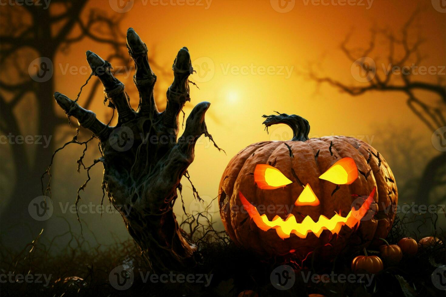 Zombie hand emerges from 3D rendered Halloween pumpkin in spooky setting AI Generated photo