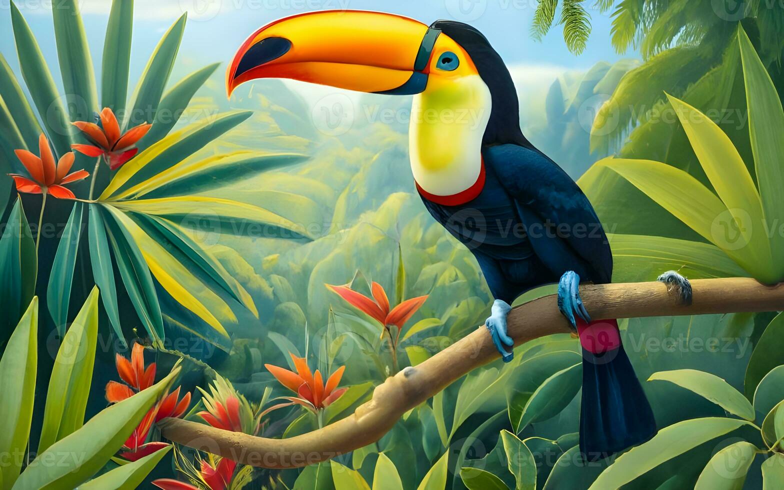 A Kaleidoscope of Tropical Eleganc, Toucan's Vibrant Colors in the Rainforest. AI Generated photo